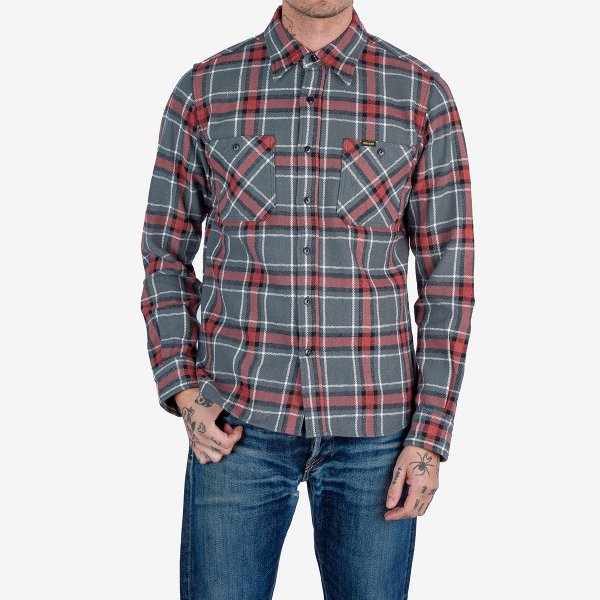 Iron Heart IHSH-375 Heavyweight 12oz Slub Flannel Shirt - Gray Herringbone Check for Men | Durable Workwear & Outdoor Activities