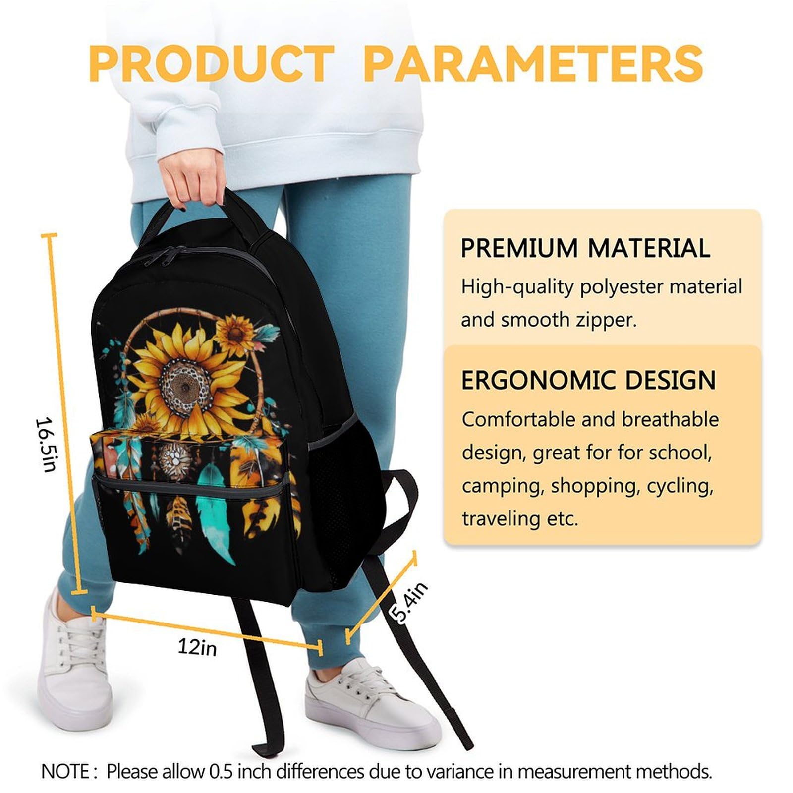 **Sunflower Print Girls Backpack for School - Lightweight Bookbag for Kids & Women - Aesthetic Daypack for Casual Travel & College - Bohemian Black School Bag for Back to School, Daily Use & Outdoor Adventures**