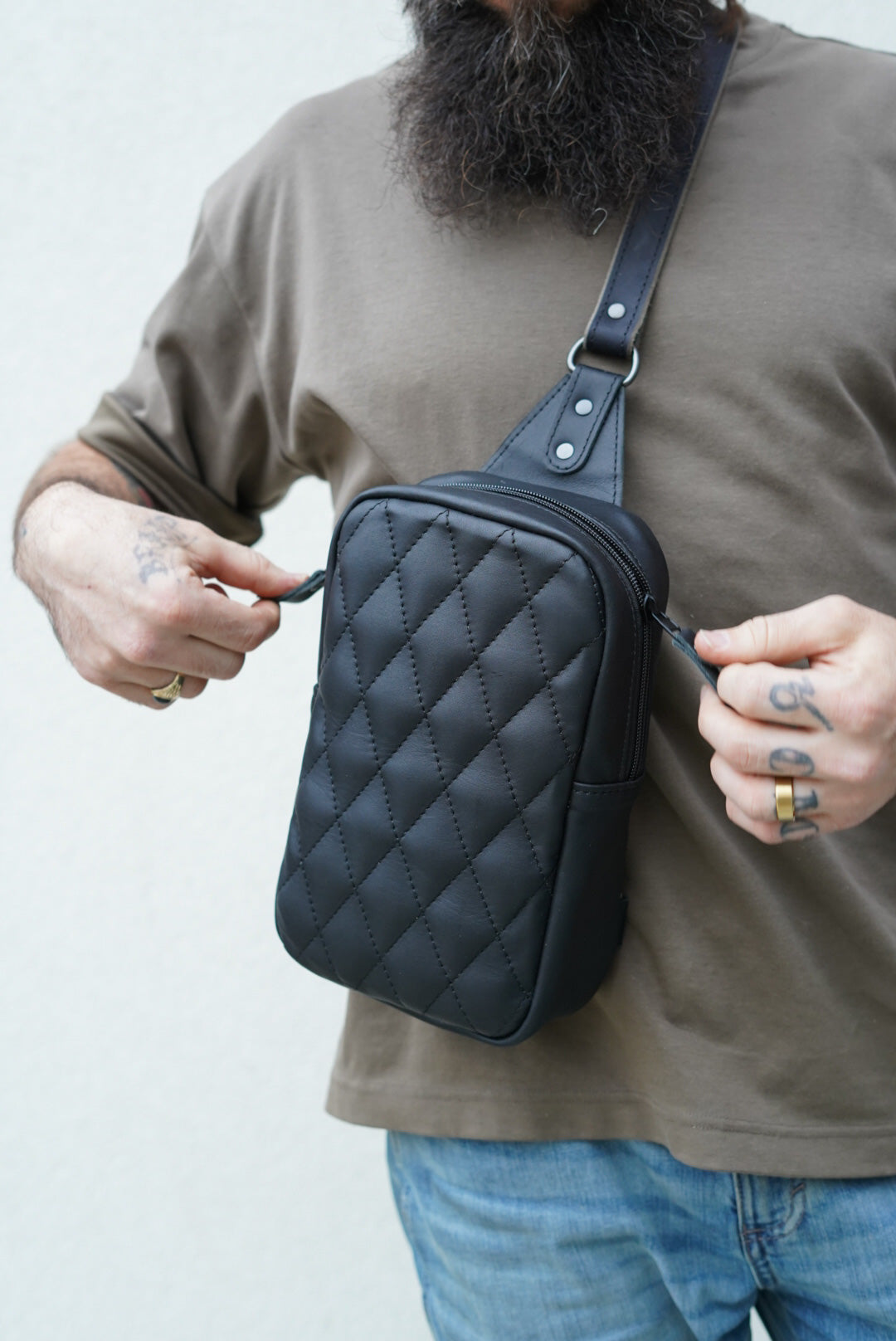 Diamond Stitch Sling Bag - Flat Black Crossbody Bag for Men & Women | Perfect for Travel, Hiking, and Everyday Use