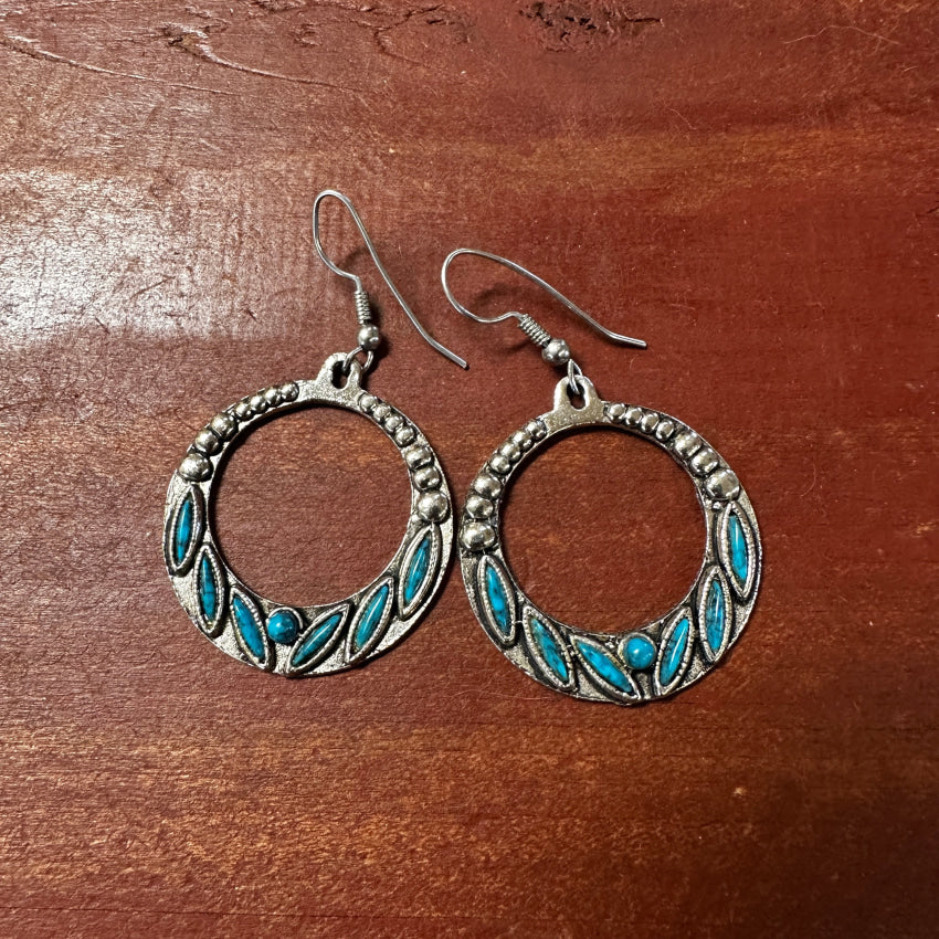Vintage Silver Tone Needlepoint Faux Turquoise Hoop Earrings for Women | Boho Chic Pierced Jewelry | Perfect for Parties, Weddings & Everyday Wear
