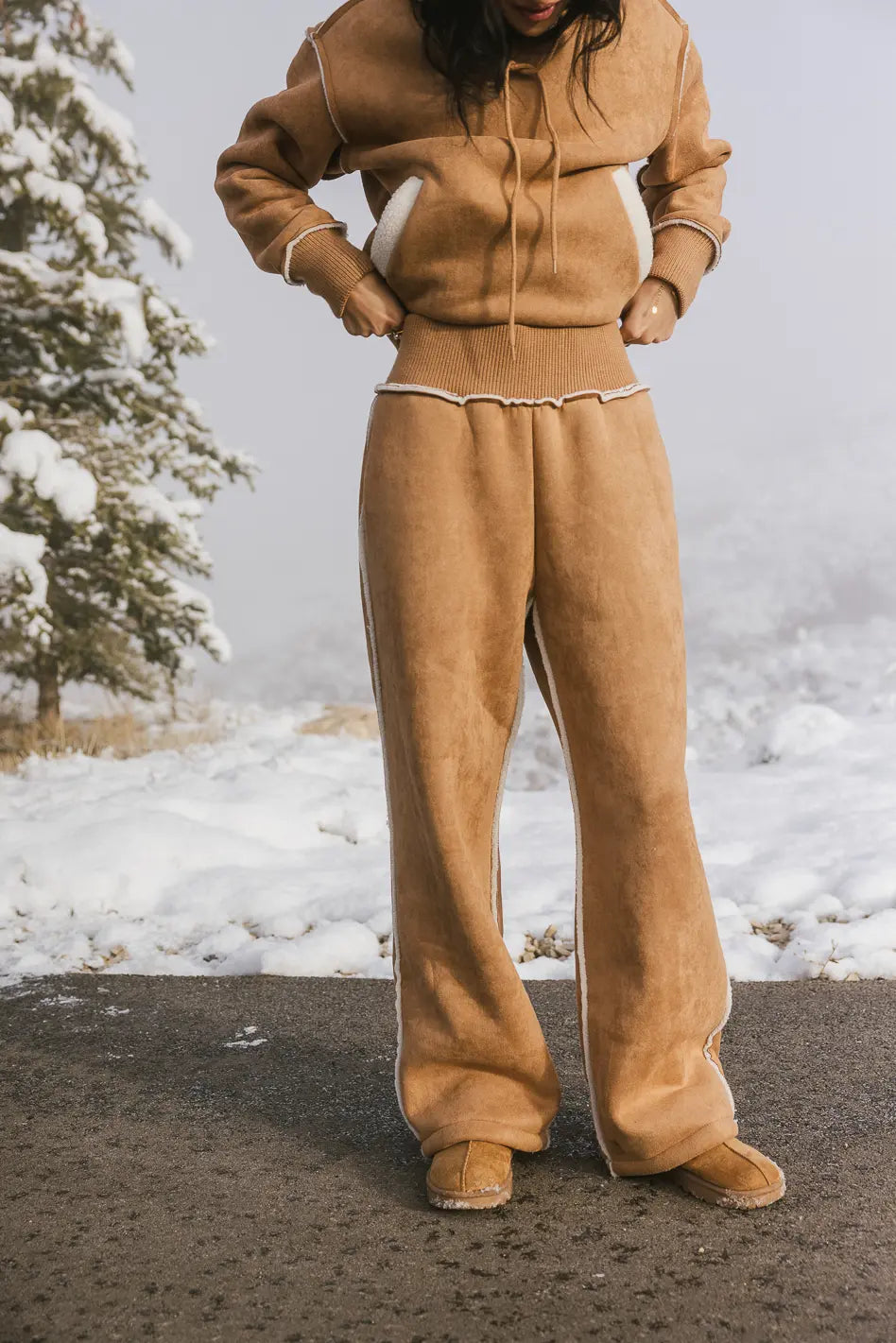 Mattie Faux Shearling Pants in Camel - Cozy Winter Lounge Pants for Women | Final Sale | Perfect for Home, Travel & Casual Outings