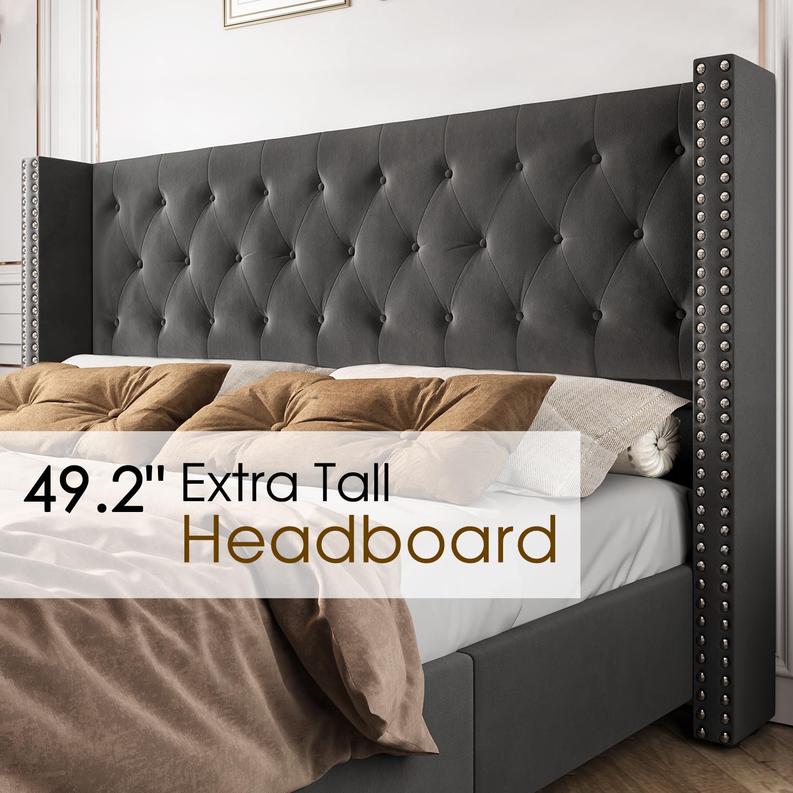 Luxury Velvet Upholstered King Size Bed Frame with Tall Wingback Headboard - Tufted Button Design, No Box Spring Needed, Easy Assembly, Grey - Perfect for Master Bedroom & Modern Home Decor