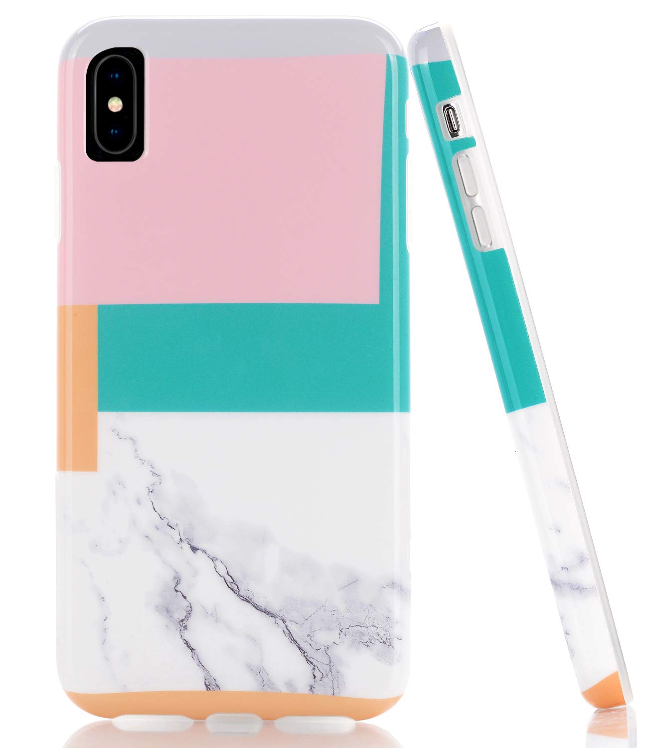 BAISRKE Geometric Marble iPhone X/XS Case - Slim Soft TPU Rubber Bumper & Silicone Protective Cover for iPhone X & XS (5.8 Inch) - White & Pink - Perfect for Daily Use, Work & Travel Protection