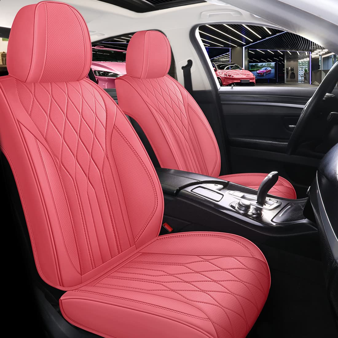 Premium Pink Leather Car Seat Covers Set - 13pcs Breathable Universal Auto Seat Protectors for Cars, Trucks, SUVs & Vans | Front & Rear Seats Protection | Luxury Comfort & Style for Daily Commute, Road Trips & Family Travel (Watermelon Pink)
