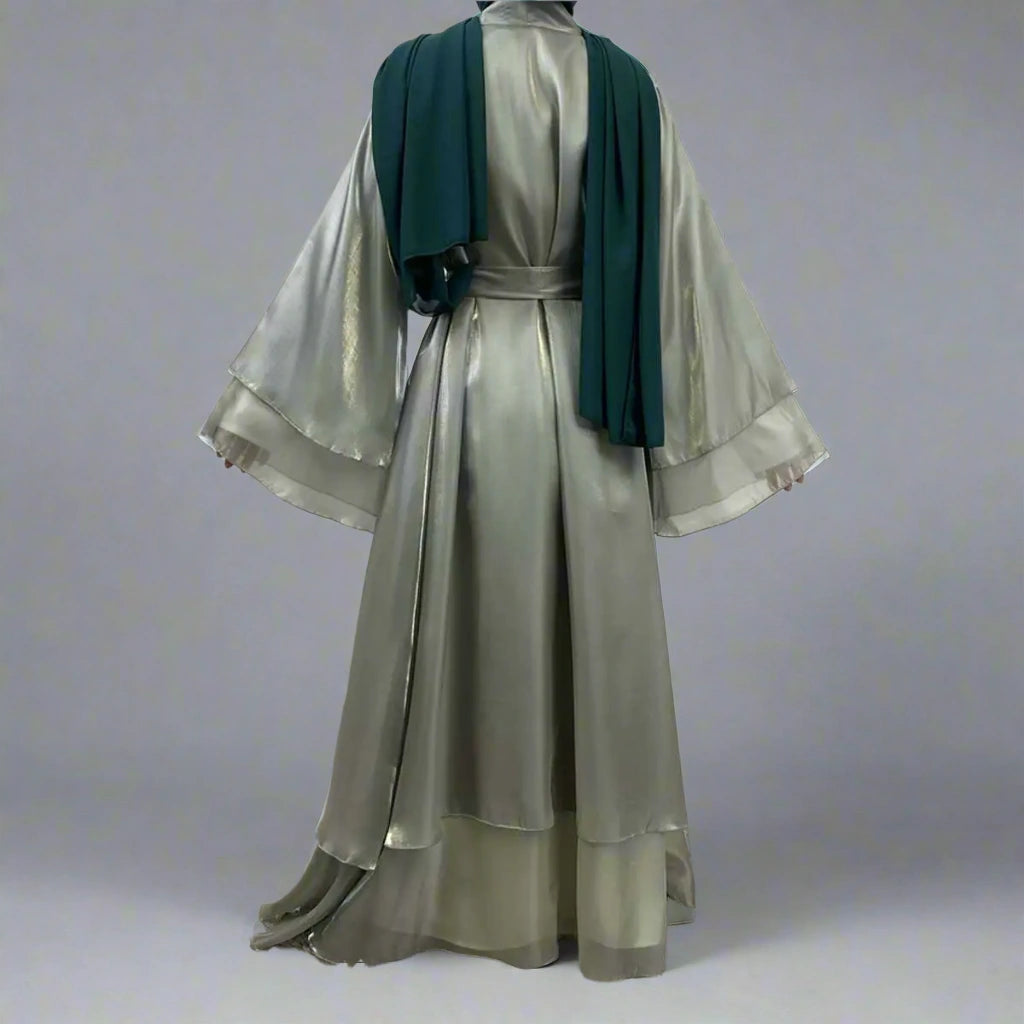 Elegant Double Layer Satin Open Abaya Dress for Women - Modest Muslim Prayer Dress & Evening Occasion Wear