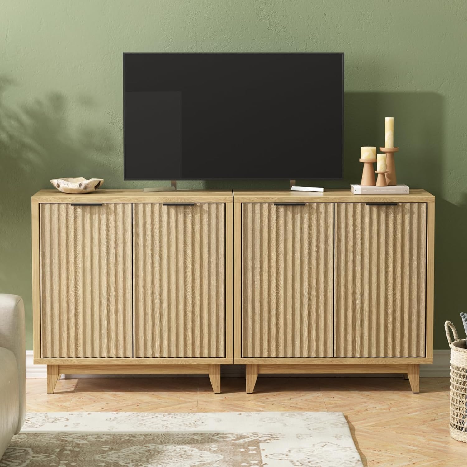 Mid Century Modern Fluted Sideboard Buffet Cabinet with 2 Doors & Adjustable Shelves - Multifunctional Storage Console Table for Living Room, Kitchen, Entryway - Perfect for Dining Room Storage, Hallway Organization & Home Decor
