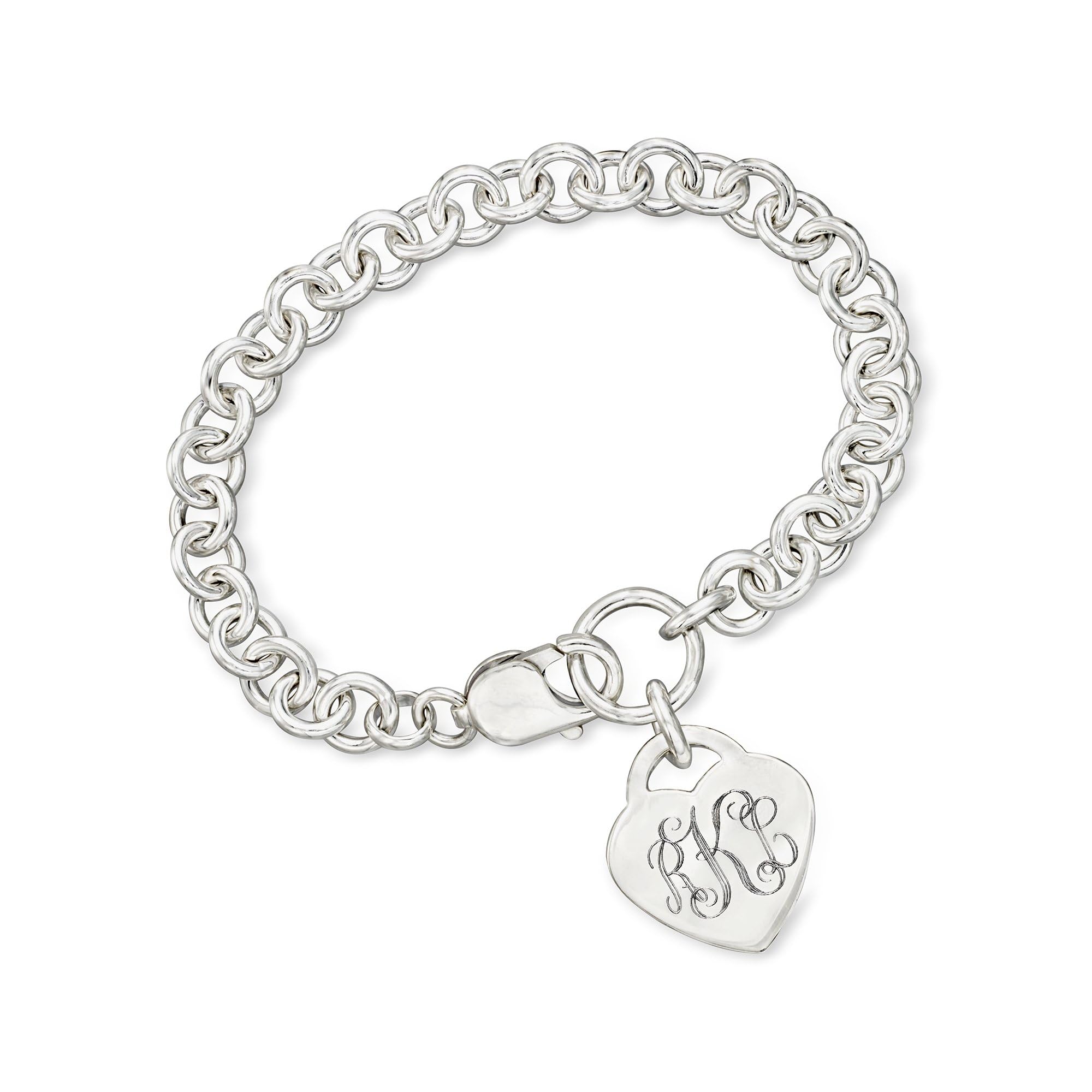 Ross-Simons Sterling Silver Personalized Heart Charm Bracelet - Custom Engraved Name Jewelry for Women, Gift for Her - Perfect for Anniversaries, Valentine's Day & Special Occasions