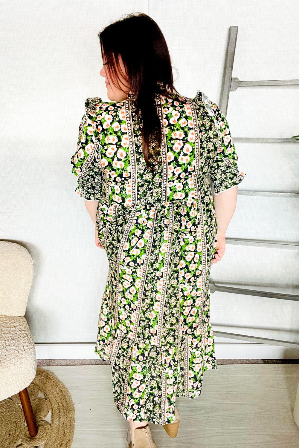 Elegant Black & Green Ruffled Notch Neck Babydoll Smocked Midi Dress for Women | Flowy Summer Dress for Date Night, Garden Party & Special Occasions