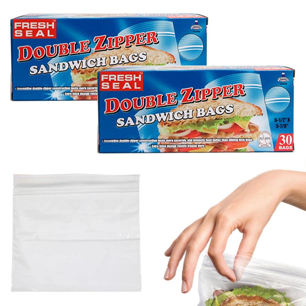 60 Count Sandwich Bags for Storage | Reusable Snack Bags | Easy Grip Open & Close | Perfect for School Lunch, Picnics & Meal Prep