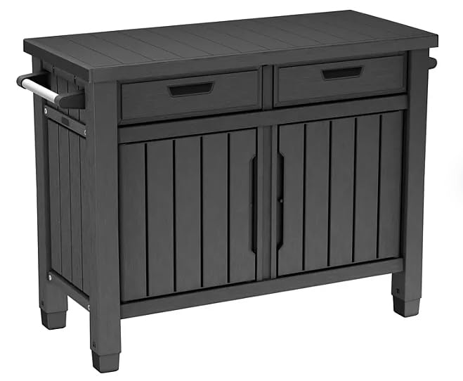 Outdoor BBQ Grill Table with Storage Cabinet & Drawers - Graphite Gray Buffet Serving Cart for Backyard, Patio & Camping Entertainment