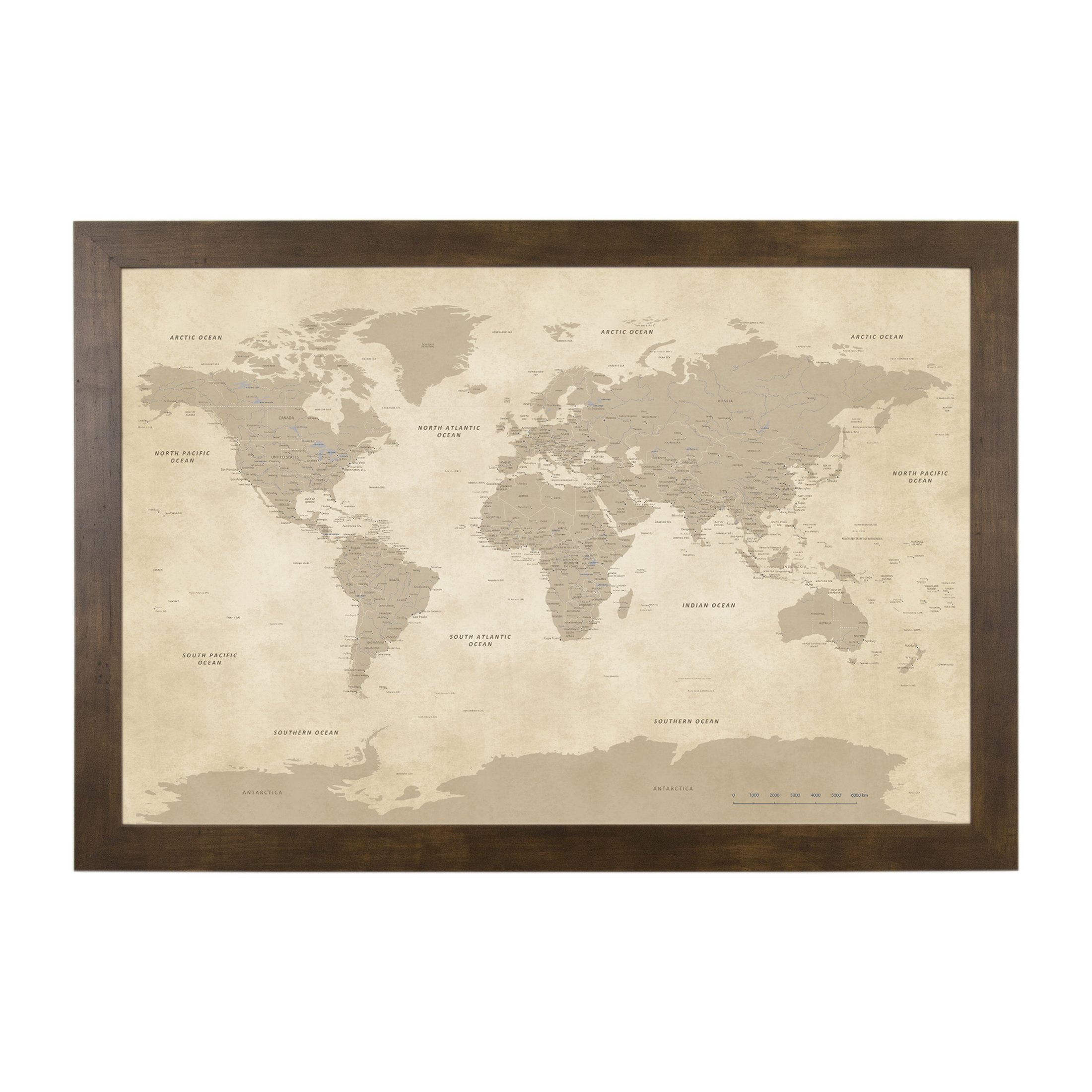 Vintage World Push Pin Travel Map - Rustic Brown Framed Pin Board 27.5x39.5 Inches - 8 Handcrafted Wood Frame Options - USA Made Travel Decor - Perfect for Home Office, Living Room & Gift for Travel Lovers