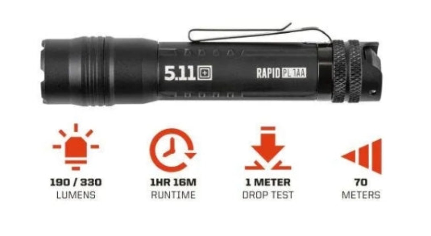 5.11 Tactical Rapid PL 190 Clip Flashlight - 330 Lumens Bright LED Light for Camping, Hiking, Emergency & Everyday Carry (EDC)