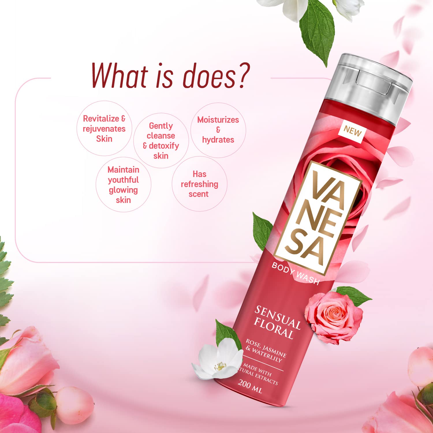 VANESA Sensual Floral Body Wash - 200ml Each (Pack of 2) | Floral Scented Shower Gel for Women | Moisturizing & Gentle Cleanser for Daily Use | Perfect for Relaxing Baths & Aromatherapy