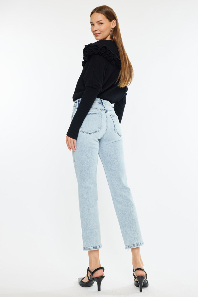 Pam Essentials Mid Rise Crop Straight Jeans - Women's High Waisted Stretch Denim Pants for Casual Wear & Everyday Outfits