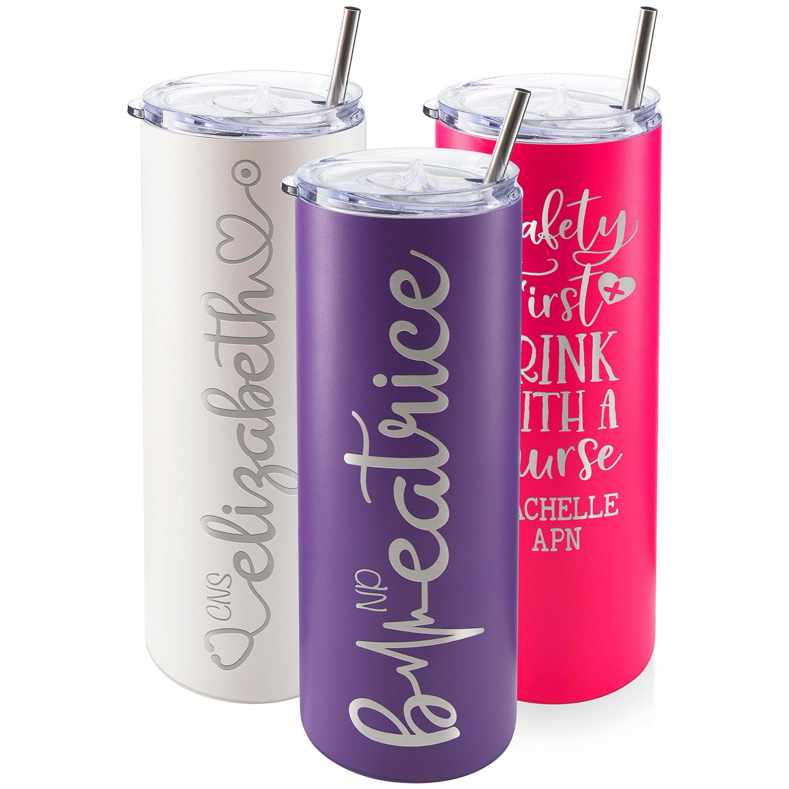 Personalized Nurse Tumbler with Name & Specialty - 20oz Skinny Purple Insulated Cup for Nurses | 8 Unique Designs w/Cleaning Brush | Perfect Nurse Gift for Graduation, Nurse Day, Birthday & Appreciation | Great for Hospitals, Clinics & Night Shifts