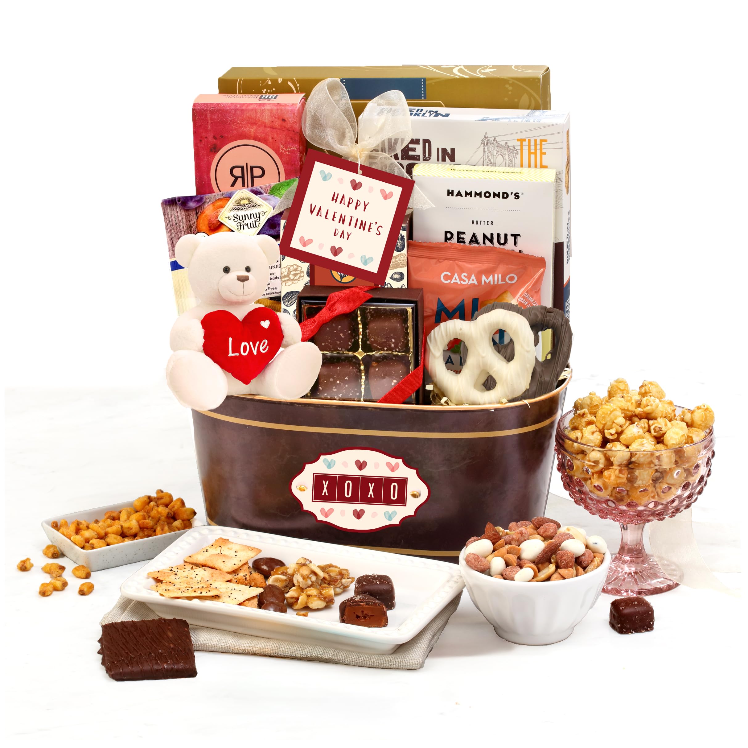 Valentine's Day Chocolate Gift Basket for Her, Him, Women, Men & Kids - Gourmet Cookies, Snacks & Red Heart Plush Teddy Bear - Perfect for Romantic Gifts, Anniversary Presents & Special Occasions