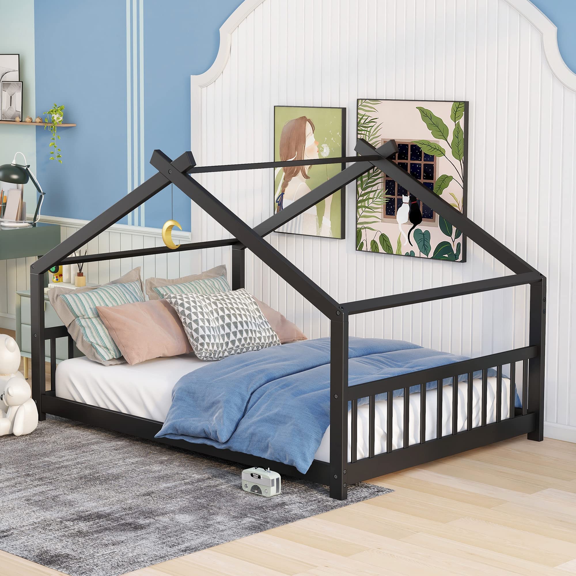 **Harper & Bright Designs Full Size House Bed for Kids - Sturdy Wooden Bed Frame with Headboard & Footboard, No Box Spring Needed - Espresso Finish - Perfect for Boys & Girls Bedroom Decor, Playroom or Sleepover Fun**