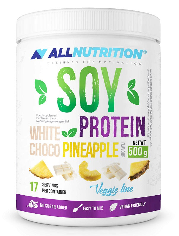 Allnutrition Soy Protein Powder - White Chocolate Pineapple Flavor, 500g | Vegan Protein Supplement for Smoothies, Baking & Post-Workout Recovery