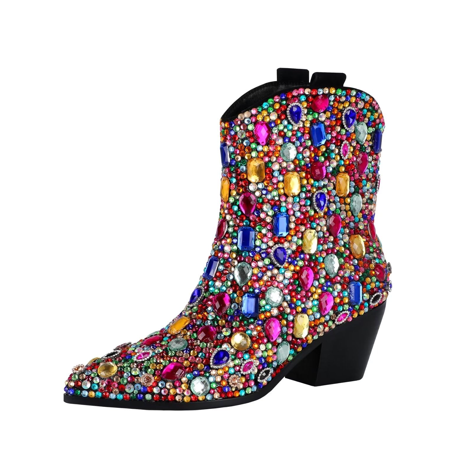 Vimitty Women's Rhinestone Glitter Cowboy Boots - Chunky Heel Western Cowgirl Boots with Sparkly Side Zipper | Perfect for Country Concerts, Line Dancing & Western Fashion Outfits