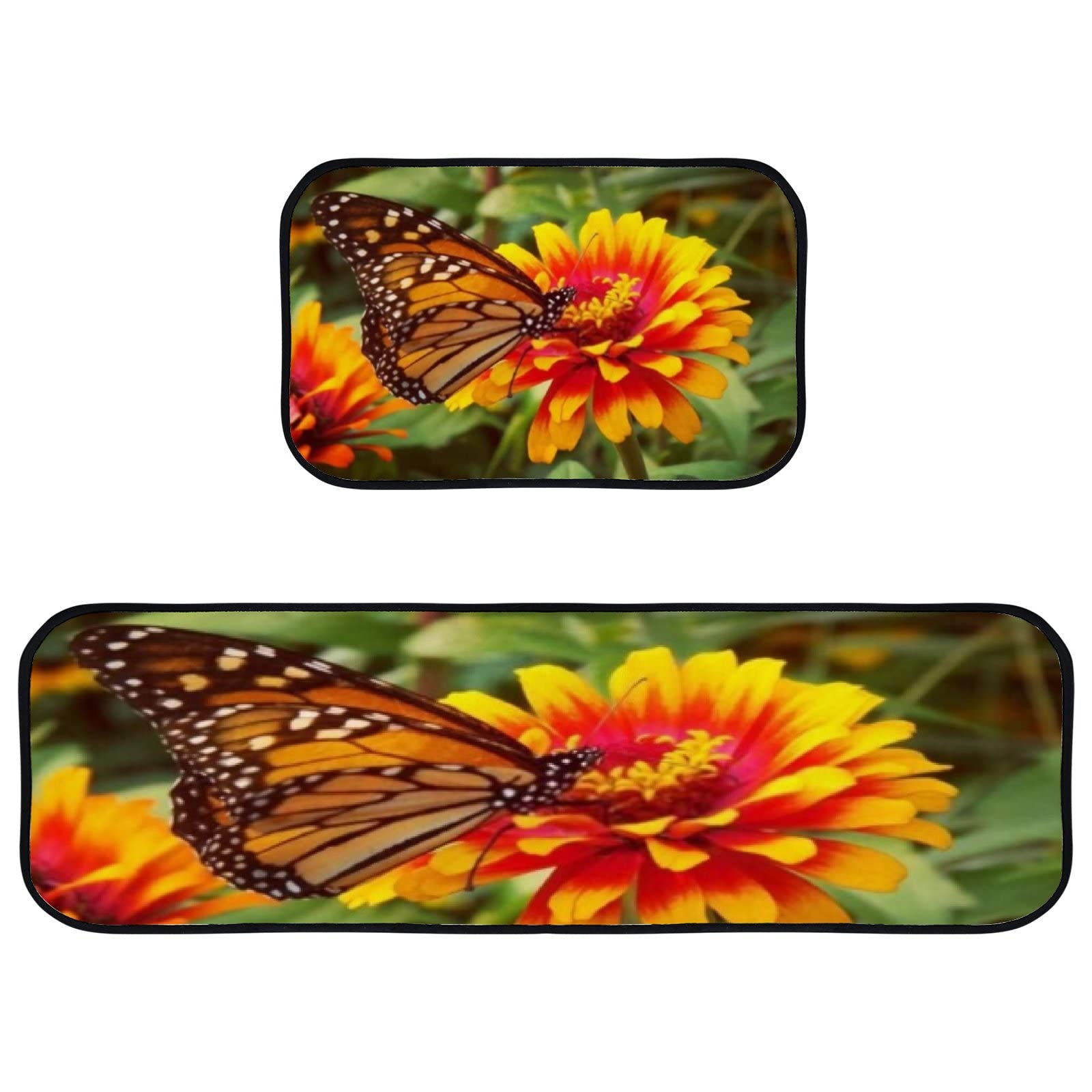 2-Piece Non-Slip Anti-Fatigue Kitchen Rugs Set - Washable Monarch Butterfly Flower Design Floor Mats for Comfortable Standing - Perfect for Kitchen, Home, and Office Use