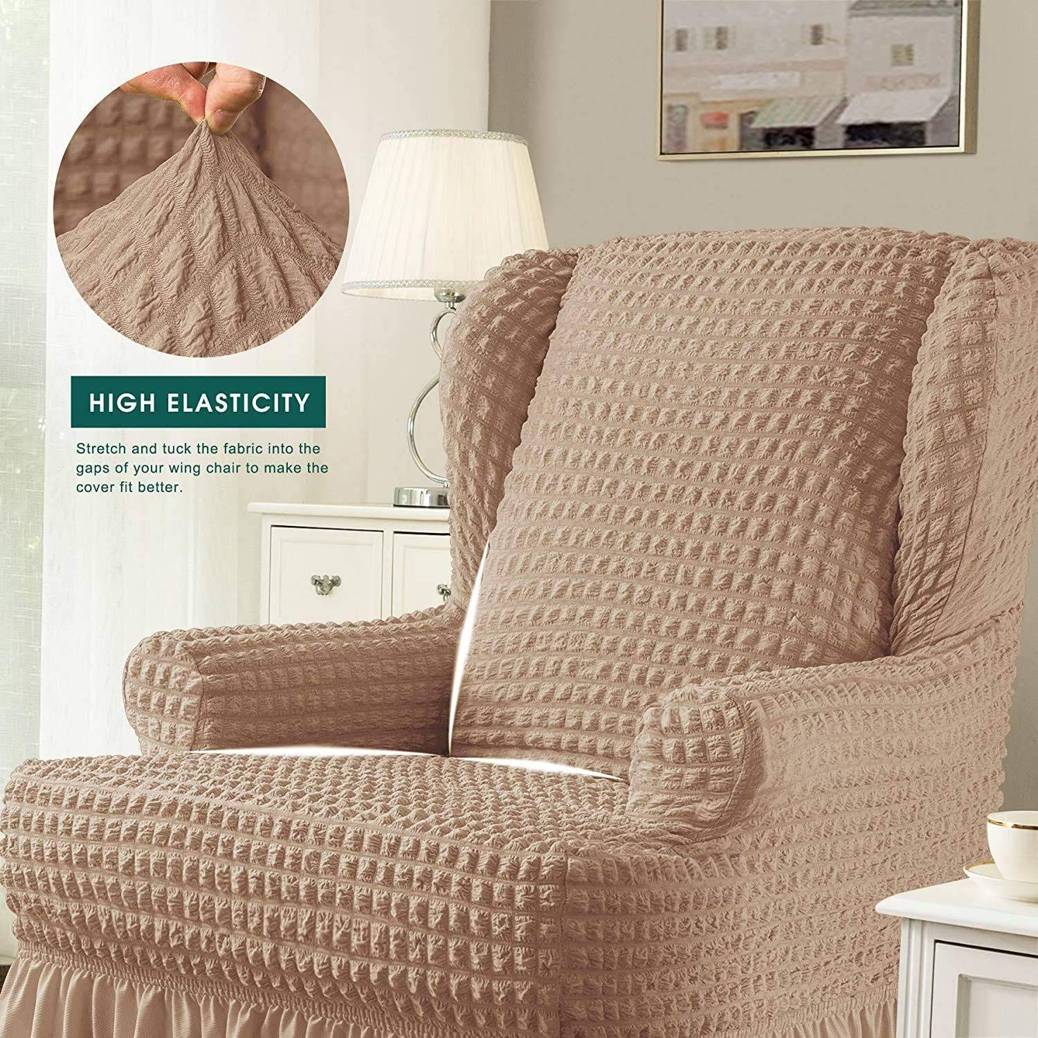1-Piece Soft Wingback Chair Cover with Elegant Ruffle Skirt - Washable, High Elastic Slipcover, Durable Furniture Protector in Shallow Khaki - Perfect for Living Room, Bedroom, and Office Decor