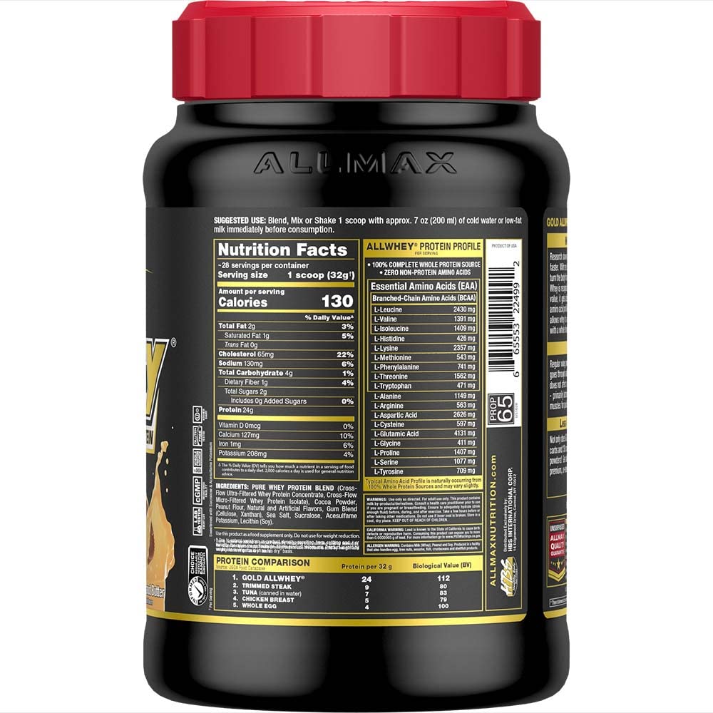 ALLMAX Nutrition Gold ALLWHEY Protein Powder, Chocolate Peanut Butter Flavor - 2 lb (24g Protein Per Scoop) | Gluten Free, Low Carb & Low Sugar Whey Protein Supplement | Post-Workout Recovery & Muscle Building for Athletes & Fitness Enthusiasts