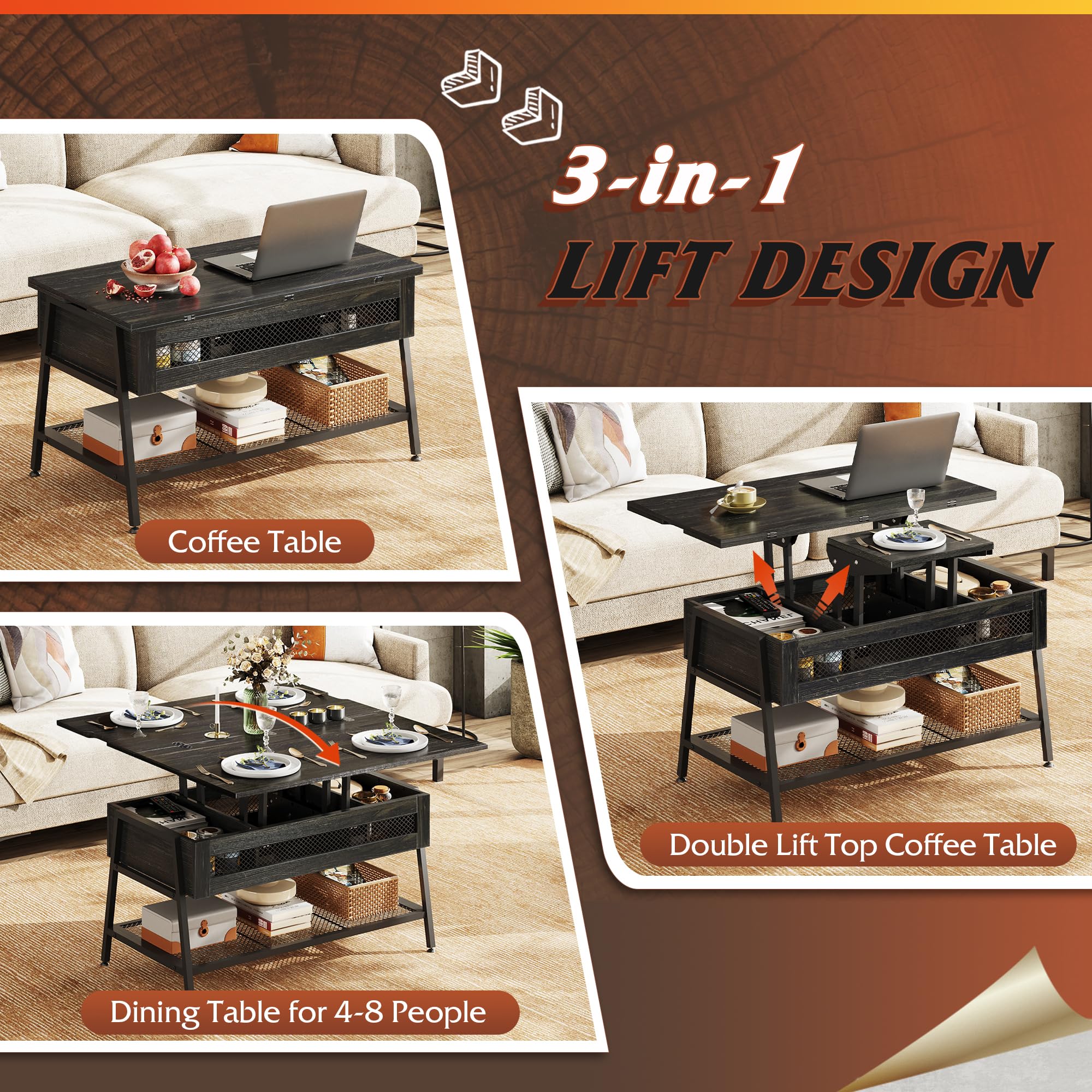 WLIVE 3-in-1 Lift Top Coffee Table with Hidden Storage | Convertible to Dining Table | Charcoal Black | Perfect for Living Room, Small Spaces & Home Office Use