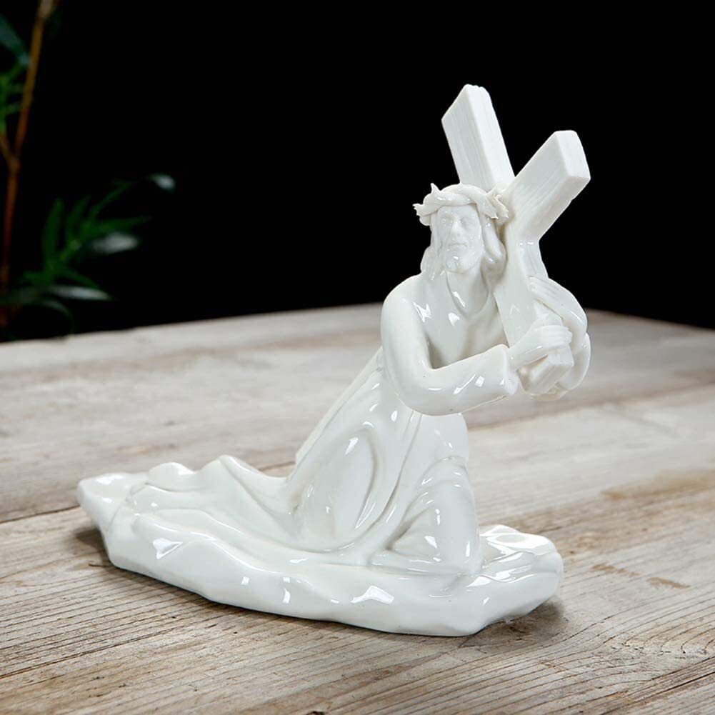 LQX Christ Jesus Statue - Handcrafted Ceramic Cross Sculpture for Catholic Home Decor, Religious Gifts & Christian Desktop Accessories | Perfect for Prayer Altars, Church Displays & Spiritual Home Decorating