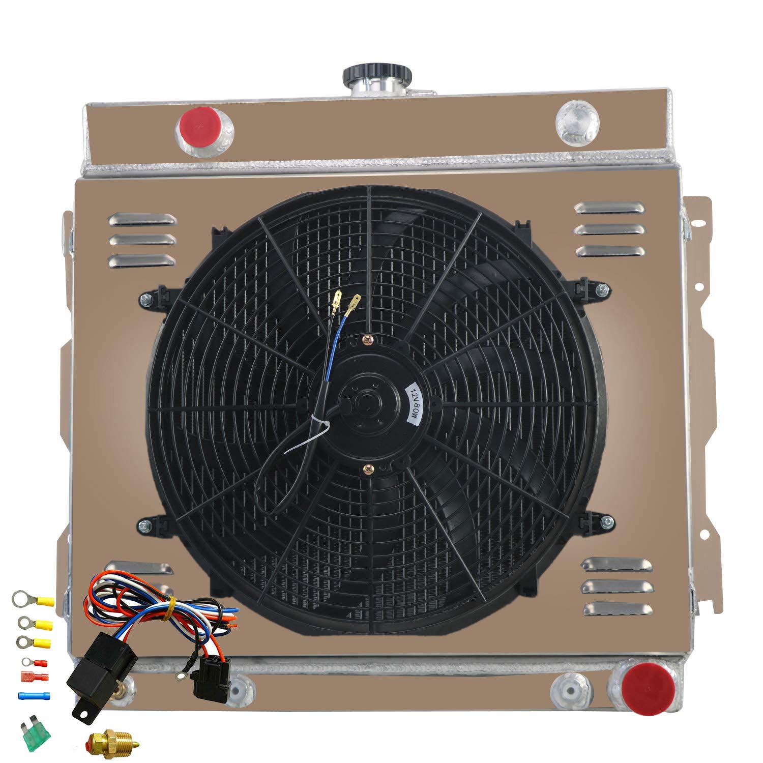 ALLOYWORKS 3 Row All Aluminum Radiator with Shroud Fan & Relay Kit for 1975-1979 Dodge D100 D150 D200 D300 5.2L 5.9L V8 - Heavy Duty Cooling Upgrade for Towing & Off-Road Use