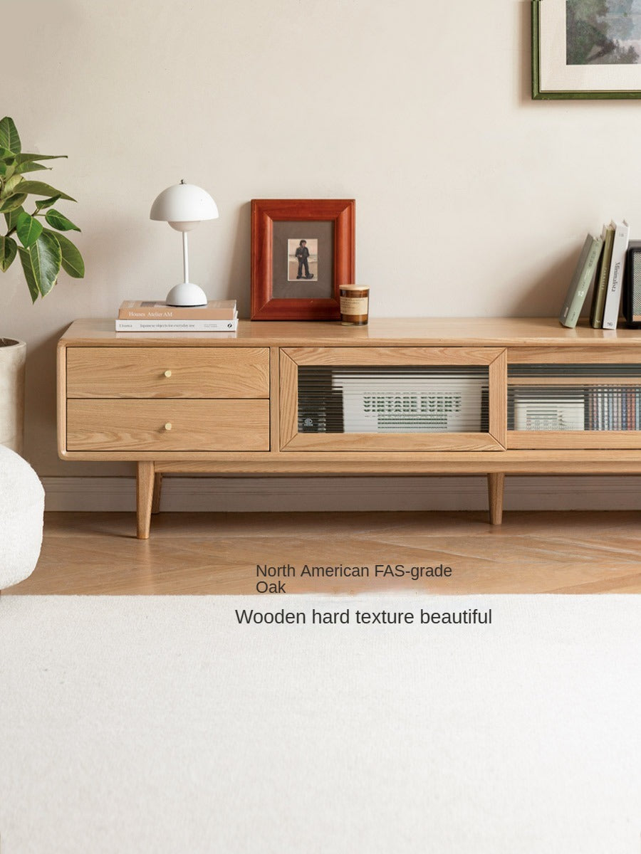 Solid Oak Wood TV Stand with Sliding Doors - Modern Entertainment Center for Living Room, Bedroom & Home Theater