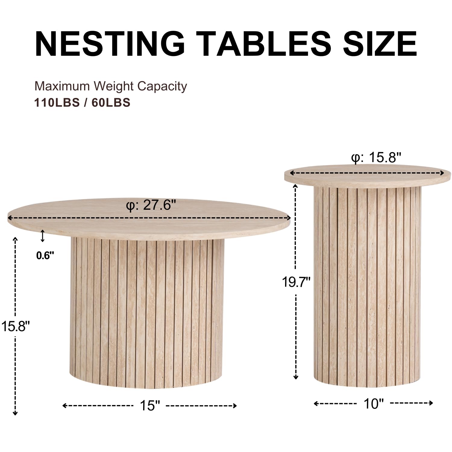 Round Nesting Coffee Tables Set of 2 - Boho Fluted Drum Side & End Tables for Living Room, Bedroom (φ27.6 & φ15.8) | Perfect for Small Spaces, Coffee Table Decor & Modern Home Furnishing