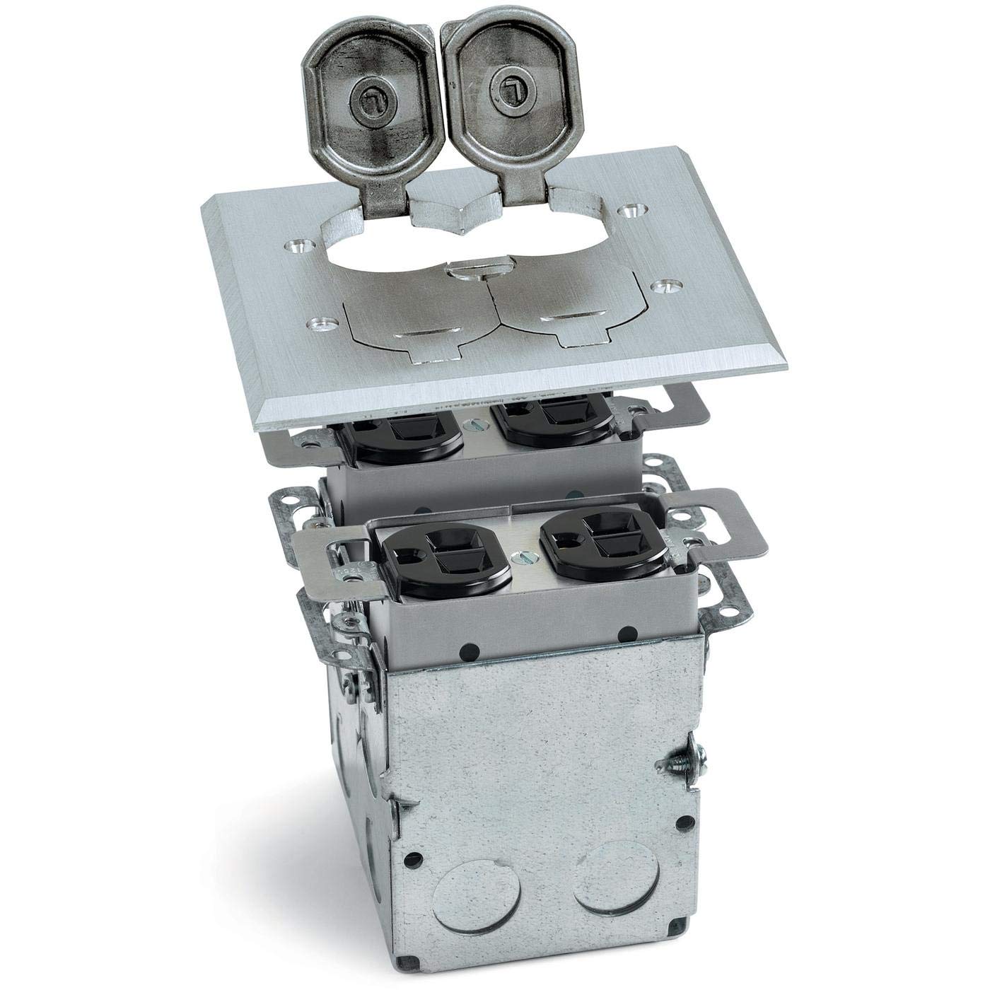 Lew Electric SWB-4-LR-A 4-Gang Aluminum Floor Box with Flip Lids - Heavy Duty Power Outlet for Office, Home Theater & Conference Room Installations