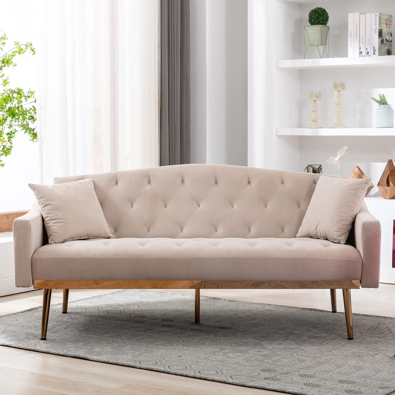 Velvet Convertible Futon Sofa Bed with Rose Gold Metal Legs - Twin Size Sleeper Couch for Small Spaces, Living Room & Guest Room - Includes 2 Decorative Pillows (Beige) | Modern Space-Saving Furniture for Apartments, Dorms & Studio Living