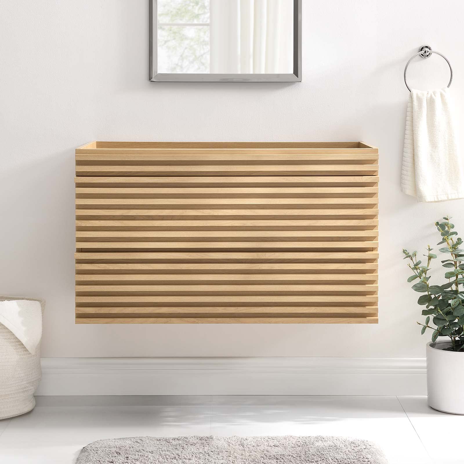 Modway Render 36-Inch Wall-Mounted Bathroom Vanity Cabinet in Oak Finish - Modern Floating Vanity for Small Bathrooms (Sink Not Included) | Perfect for Powder Rooms, Guest Baths & Space-Saving Designs