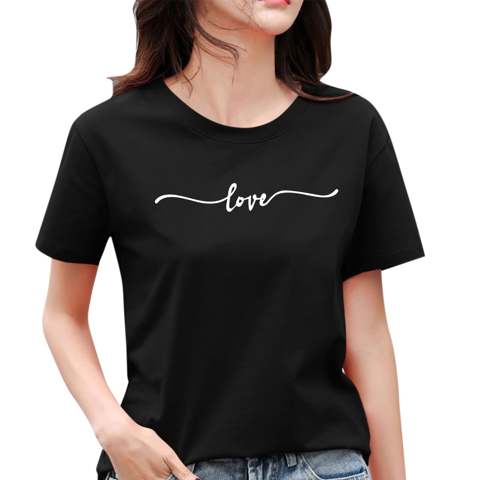 Women's Summer Short Sleeve Crew Neck T-Shirt - Heart Print Blouse for Casual Wear, Beach Outfits & Summer Fashion
