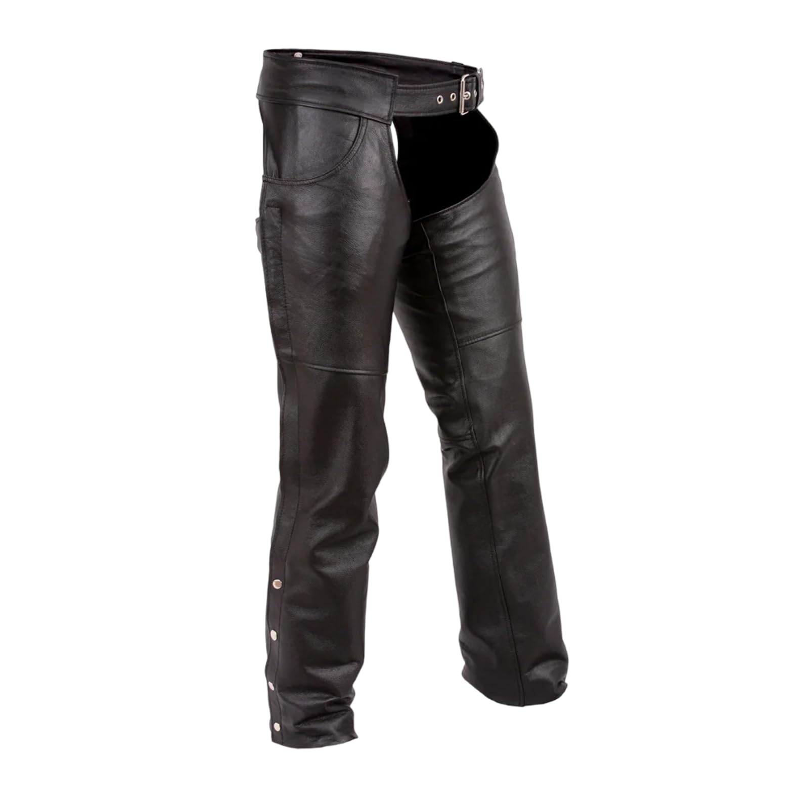 First Mfg Co - Rally - Unisex Motorcycle Biker Riding Black Leather Chaps for Harley Davidson & Cruiser Bikes - Durable Protection for Long Rides & Adventure Tours