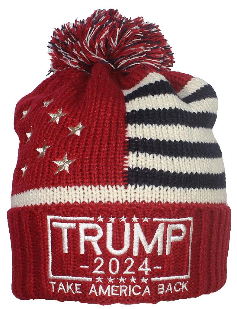 Trump Campaign Slogan Beanie Hat with Embroidered US Flag - Patriotic Political Merchandise for Rallies & Outdoor Events