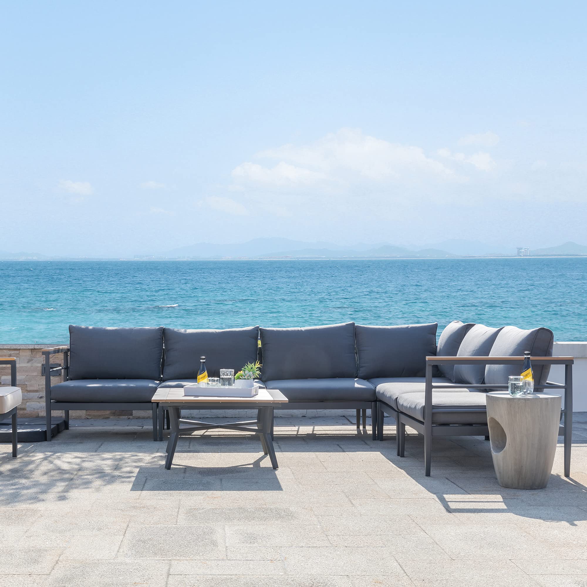 Glitzhome 7-Piece Outdoor Patio Furniture Set - Aluminum Garden Conversation Set with Removable Cushions & Coffee Table - Black Sectional Sofa for Balcony, Backyard, Poolside & Outdoor Entertaining
