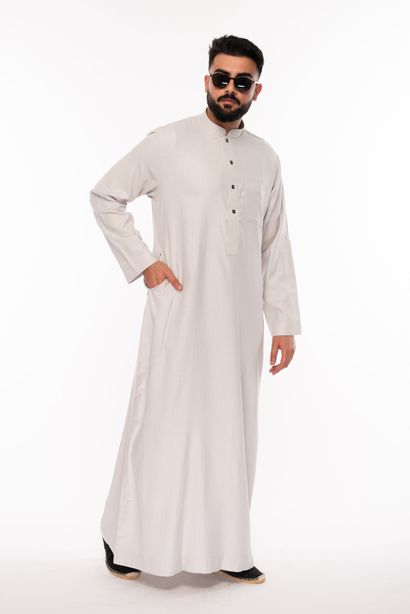 Grey Square Buttoned Thobe for Men - Traditional Islamic Robe with Stylish Design - Perfect for Prayer, Eid, and Special Occasions