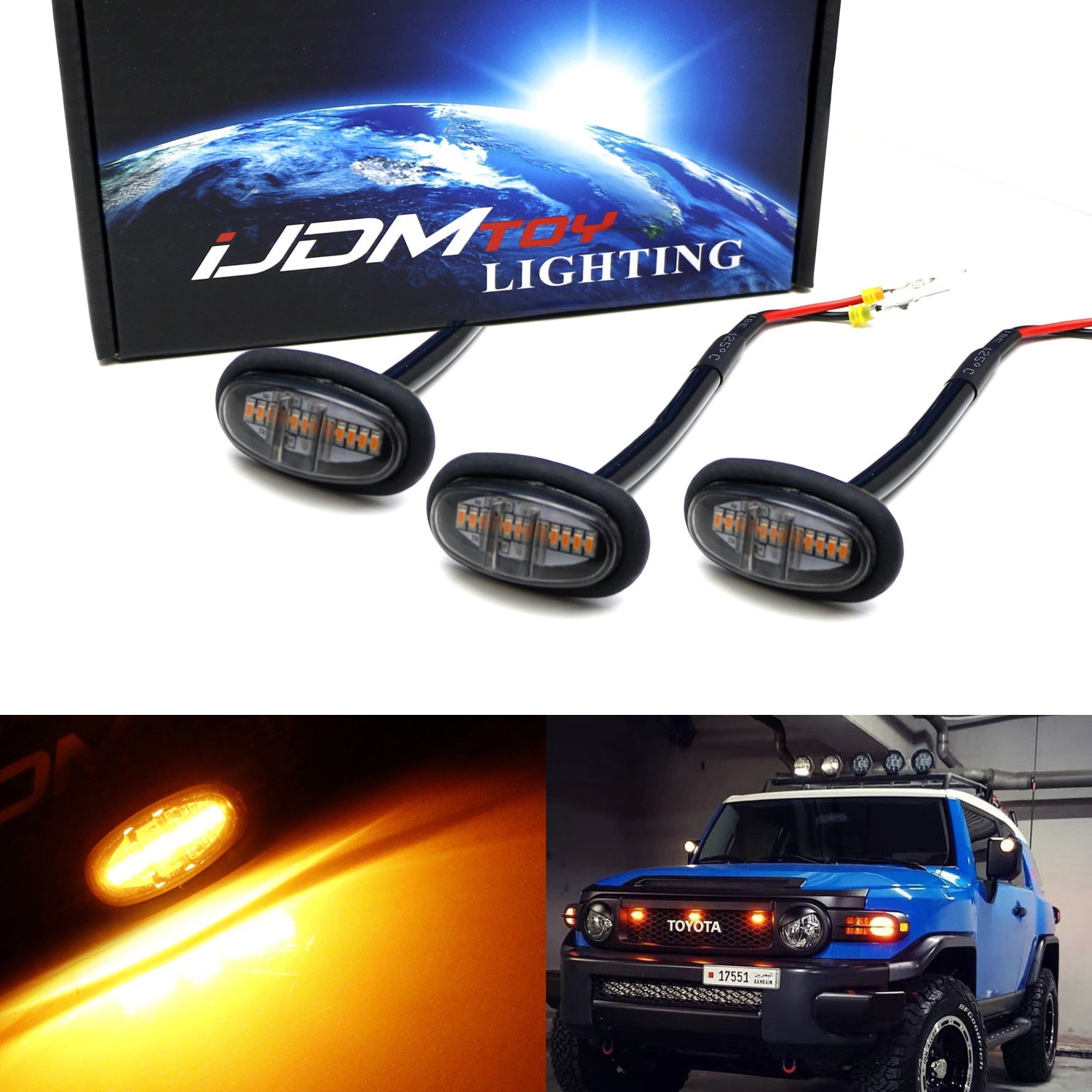Full Amber LED Grille Marker Light Kit with Rubber Grommet Base for Truck, SUV & 4x4 Vehicles - Off-Road, Night Driving & Enhanced Visibility