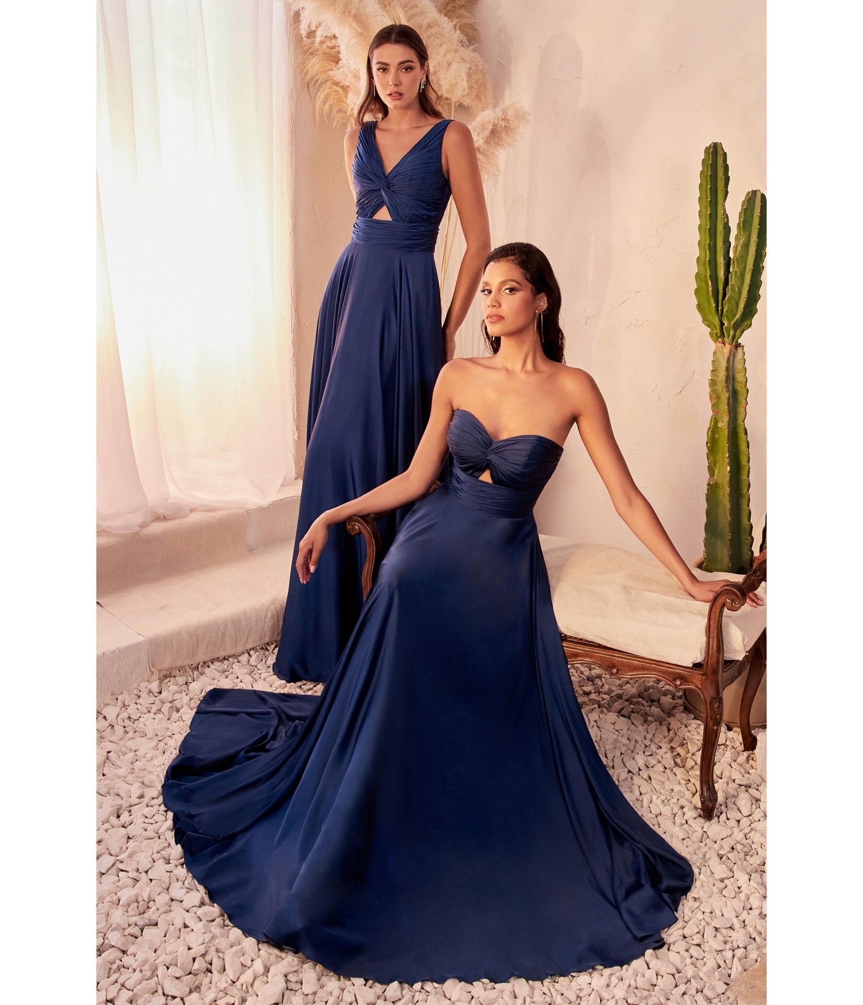 Ladivine by Cinderella Divine Navy Blue Satin Strapless Keyhole Evening Gown for Prom, Homecoming, and Formal Events - Elegant Plus Size Dress for Special Occasions