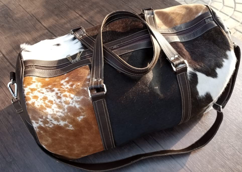 Premium Extra Large Cowhide Duffel Bag - Tricolor Leather Travel, Gym & Weekender Overnight Bag | Durable & Stylish for Business Trips, Workouts & Weekend Getaways
