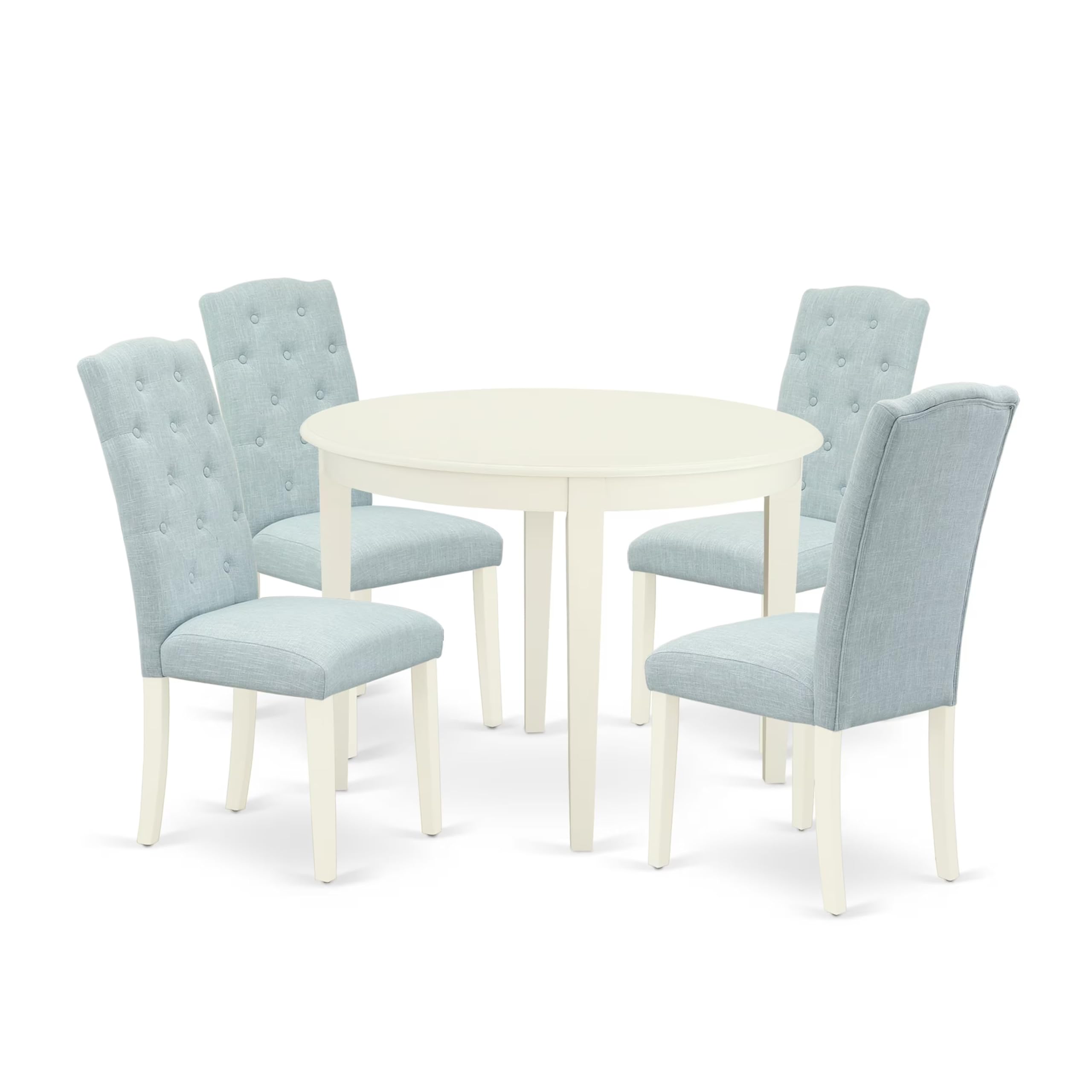 East West Furniture BOCE5-WHI-15 5-Piece Modern White Dining Set with Round Table & 4 Baby Blue Fabric Chairs, 42x42 Inch - Perfect for Small Kitchens, Breakfast Nooks & Cozy Apartments