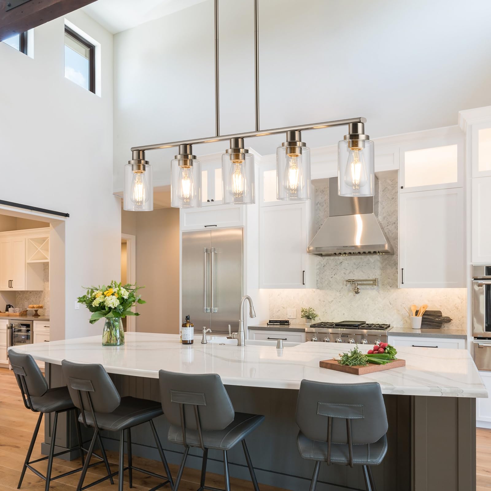5-Light Farmhouse Pendant Lighting - Brushed Nickel Linear Chandelier with Clear Glass Shades - Rustic Industrial Kitchen Island Lighting for Dining Room & Table - Perfect for Farmhouse, Industrial & Modern Home Decor