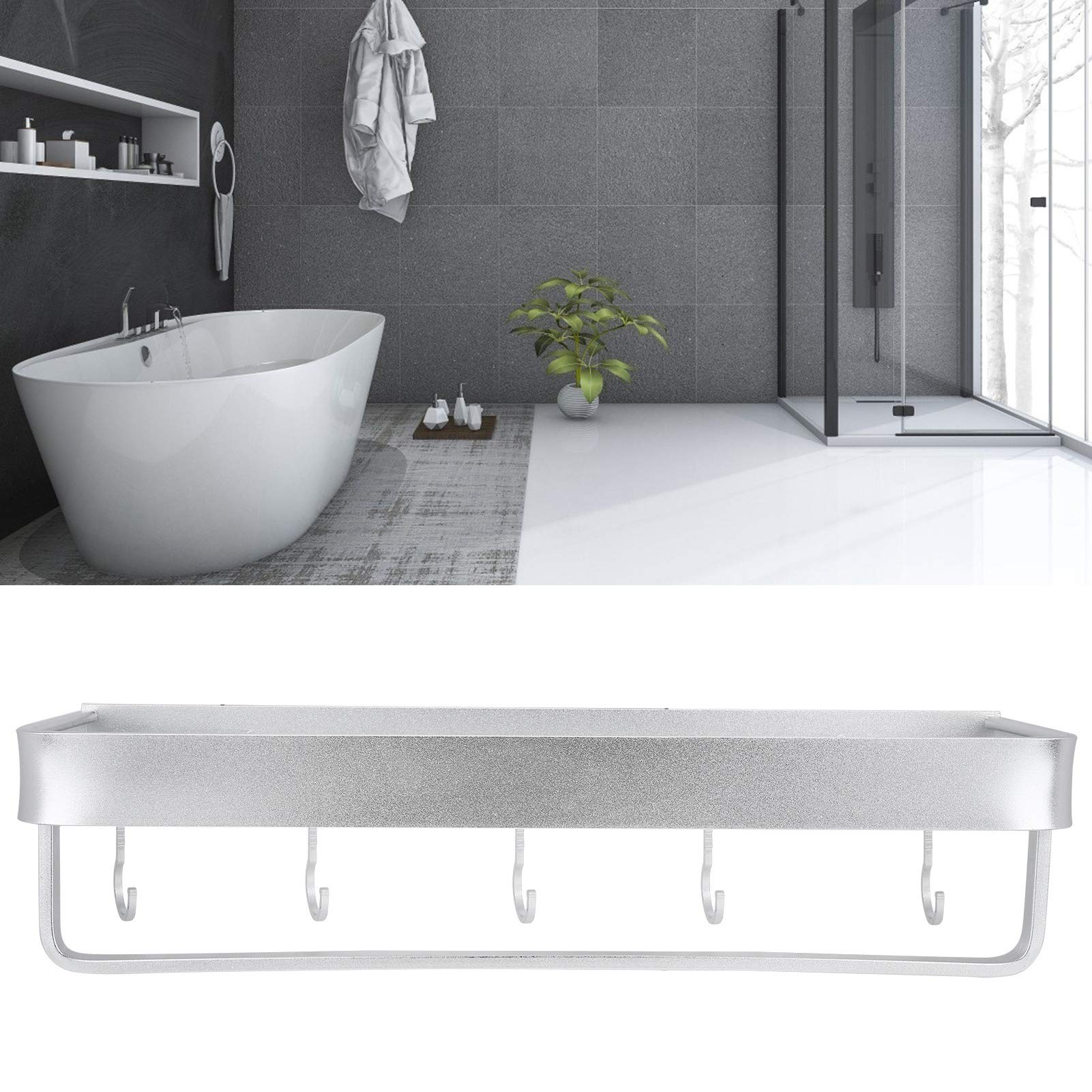 Wall Mount Aluminum Shower Shelf - Single Layer Bathroom Storage Rack with Hanging Rod & Hooks (50cm) - Perfect for Organizing Shampoo, Soap & Towels in Small Bathrooms
