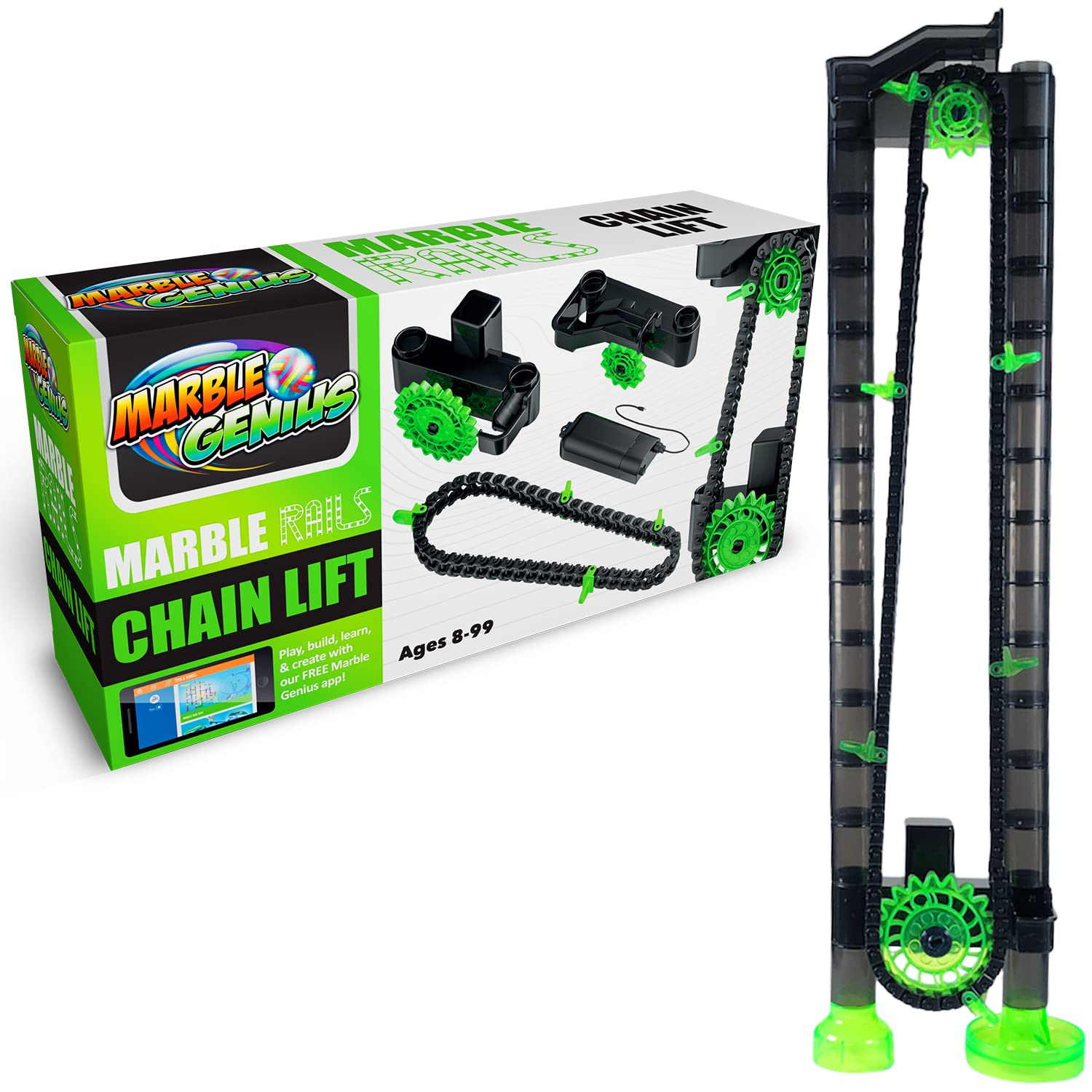 Marble Genius Marble Run Chain Lift Add-On Accessory – STEM Toy for Kids Ages 8+ | Automatic Marble Lift with 1 Piece Rail Track | Requires 2 AA Batteries | Perfect for Building Creative Marble Maze Sets at Home or Classroom STEM Activities