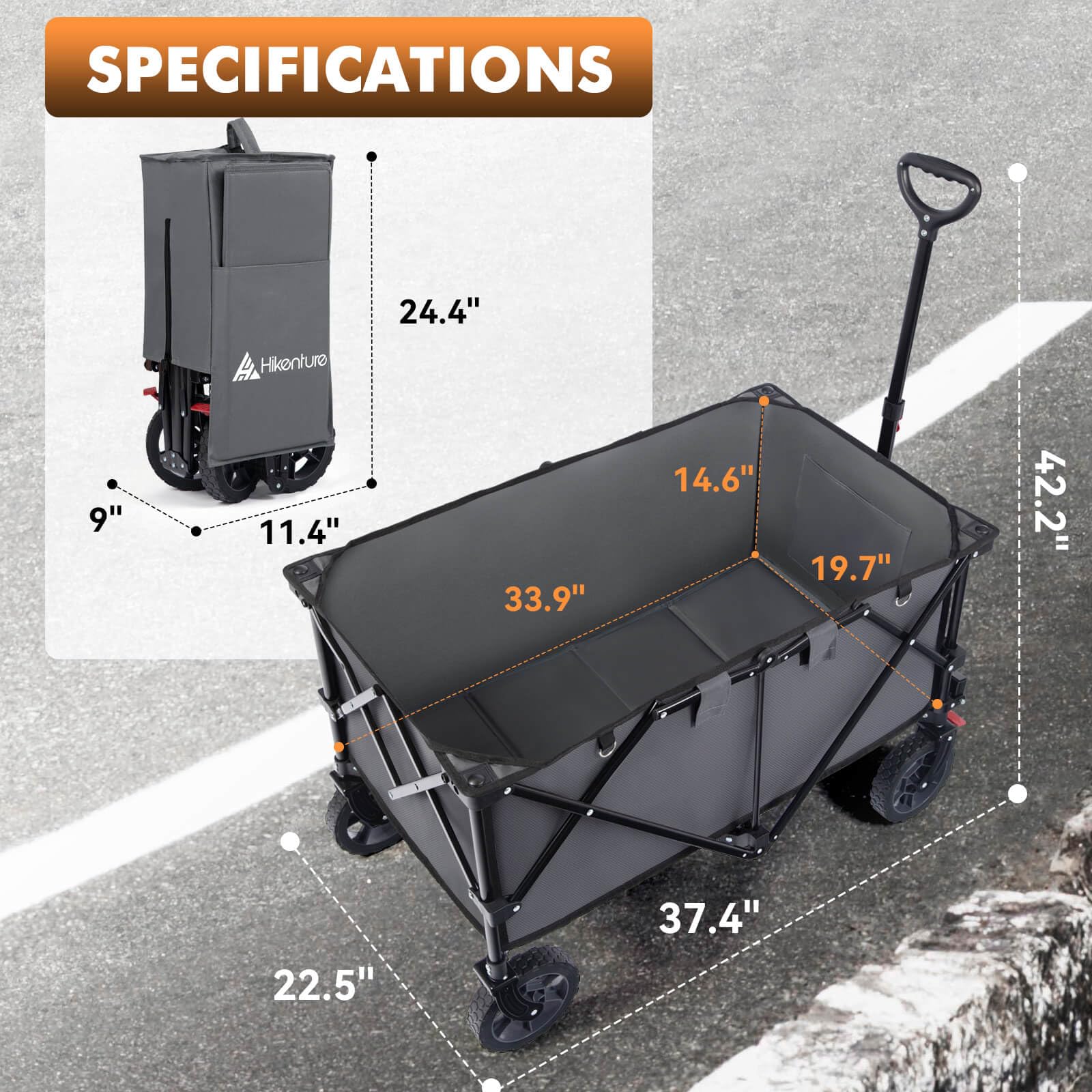 Hikenture Heavy Duty Collapsible Wagon Cart - 330LBS Capacity, 200L Extra Large Foldable Utility Wagon with All-Terrain Wheels - Perfect for Beach, Garden, Camping, Picnics & Outdoor Adventures