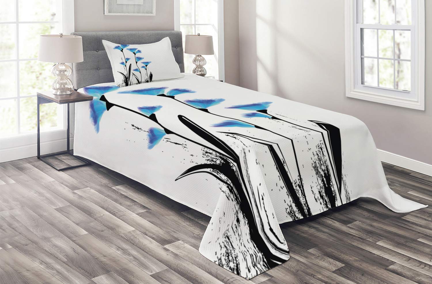 Ambesonne Floral Coverlet Set - 2 Piece Quilted Bedspread with Pillow Sham, Twin Size, Sky Blue & Charcoal Grey, Turkish Ottoman Tulip Design | Watercolor Ombre Flowers | Perfect for Bedroom Decor, Guest Room & Cozy Home Styling