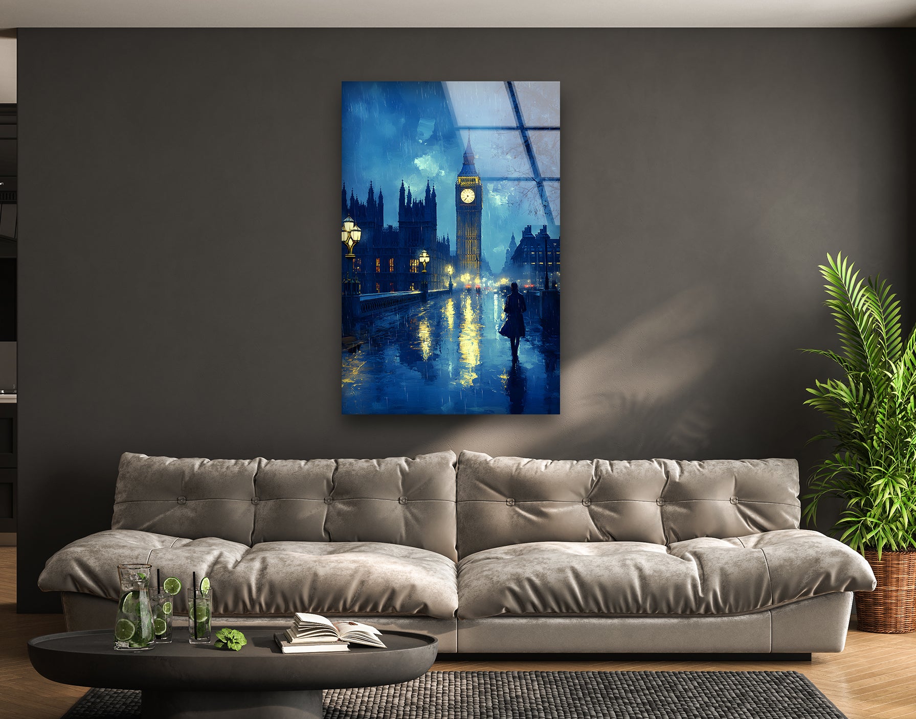 London Rainy Night Glass Wall Art - Elegant Home Decor for Living Room, Bedroom & Office - Perfect Gift for Art Lovers