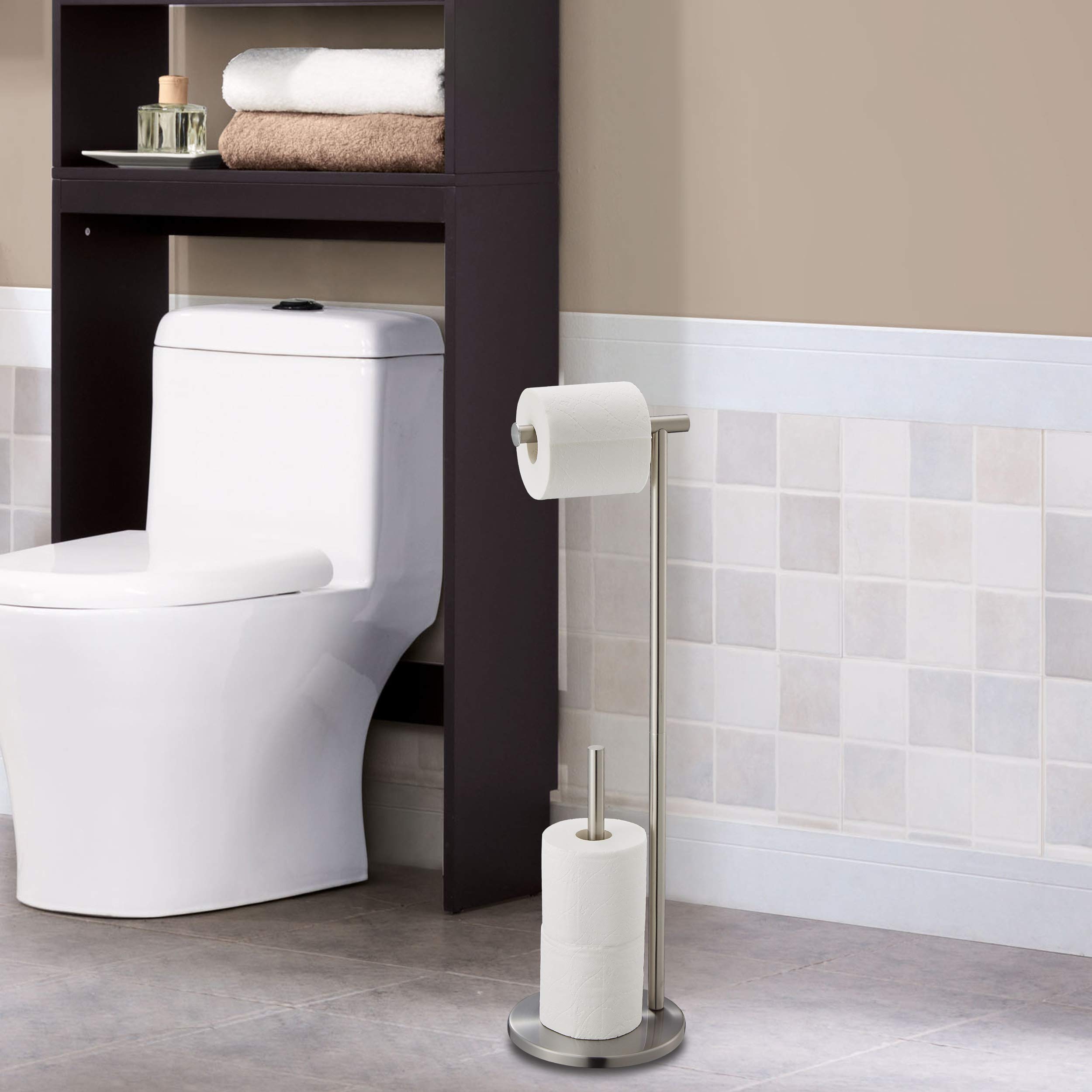 Freestanding Toilet Paper Holder Stand with Weighted Base - Brushed Nickel Stainless Steel Bathroom Tissue Storage for 4 Rolls - Space-Saving Design for Small Bathrooms, Powder Rooms & RVs